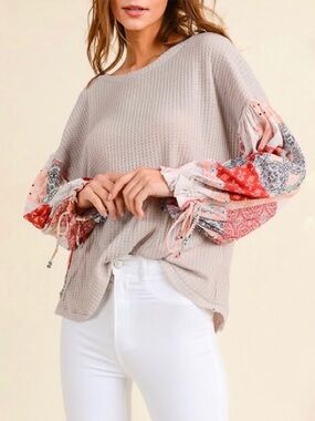 In Loom The Way You Move Boho Waffle Knit Patchwork Balloon Sleeve Top - Size M